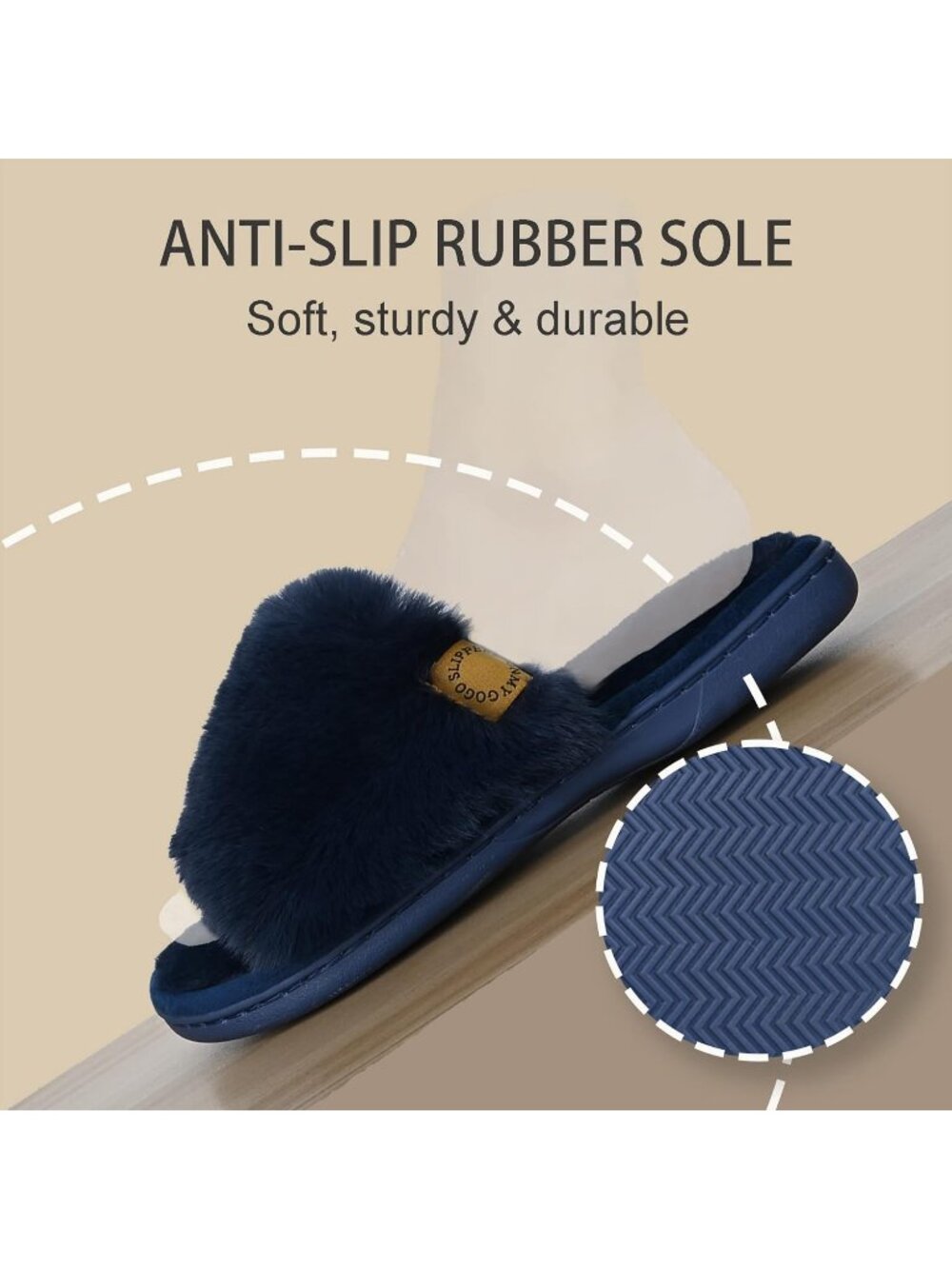 Womens Navy Blue Indoor Memory Foam Soft Faux Fur Nonslip Open Toe Slipper Shoes - Picture 6 of 7